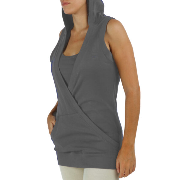 hooded crossed sleeveless top organic pima cotton slowfashion quality taupe grey