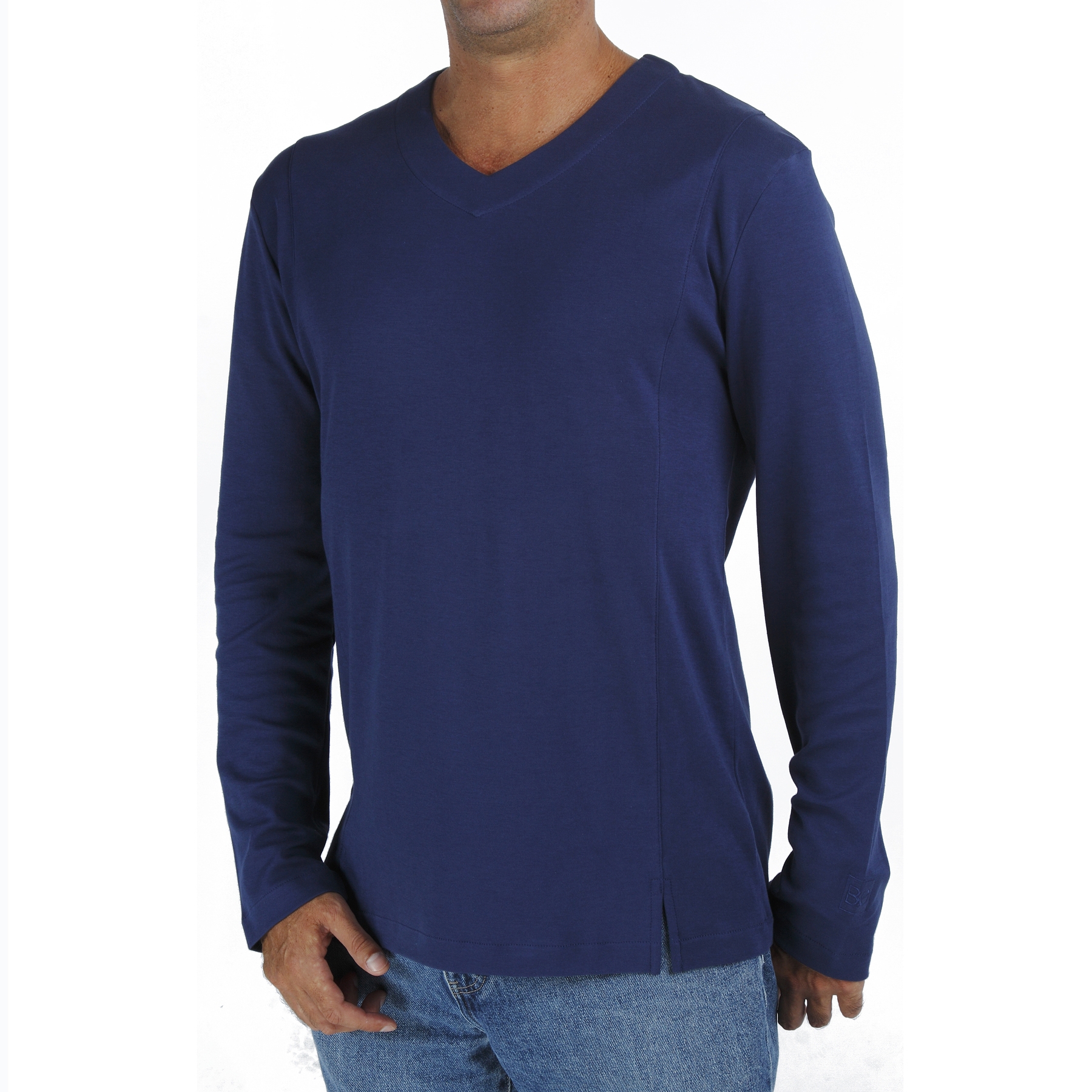 Long Sleeve V neck tshirt men organic pima cotton slowfashion quality blue