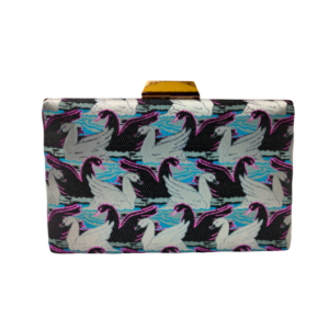 Portable pink and white swans with gold frame box clutch