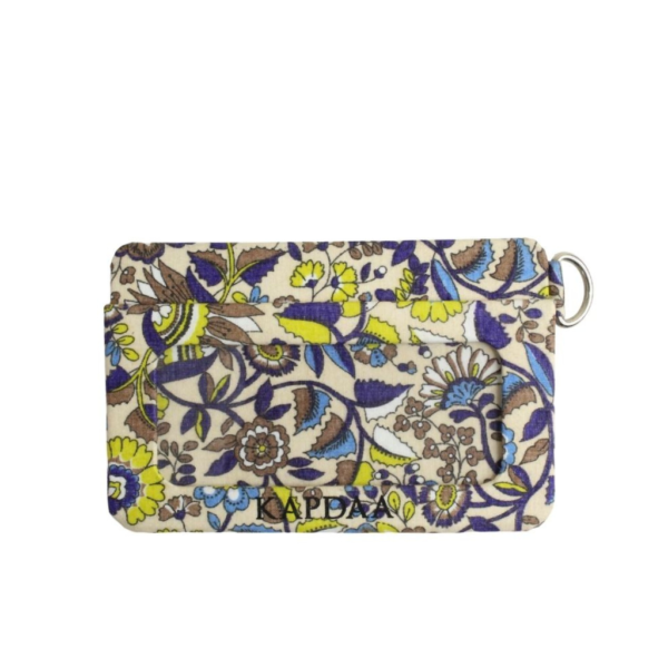 sustainable blue yellow brown white floral print on cream wallet