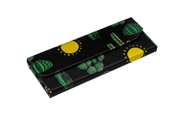 Sustainable Sunglass Case Cactus Print on Black Folded Flat