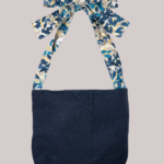 Tote Bags – Tie Up Bag – Ink Blue Bag With Blue Grey And Yellow Floral Tie Up Straps