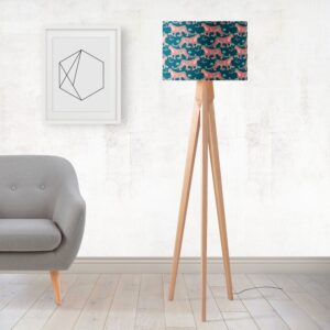 Example shot of cotton lampshade in Carnation Cheetah print - dark teal base, big cat and carnation florals pattern