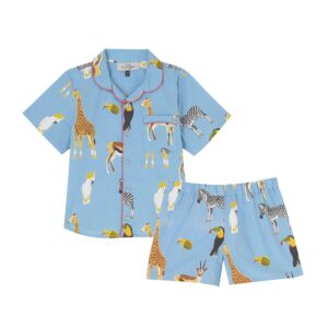 Flat shot of kids cotton, shirt and shorts pjs, pale blue base, wild animal pattern