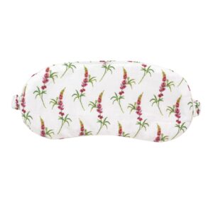 flat shot of cotton eye mask, white base with hand painted Lupin floral pattern