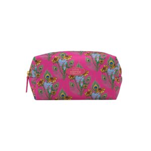 Flat shot of synthetic pink cosmetic bag, Their Nibs badge in centre, bouquet pattern