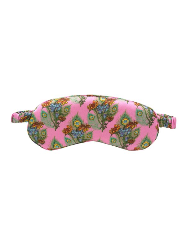 Flat shot of satin eyemask, bright pink base with repeating bouquet pattern