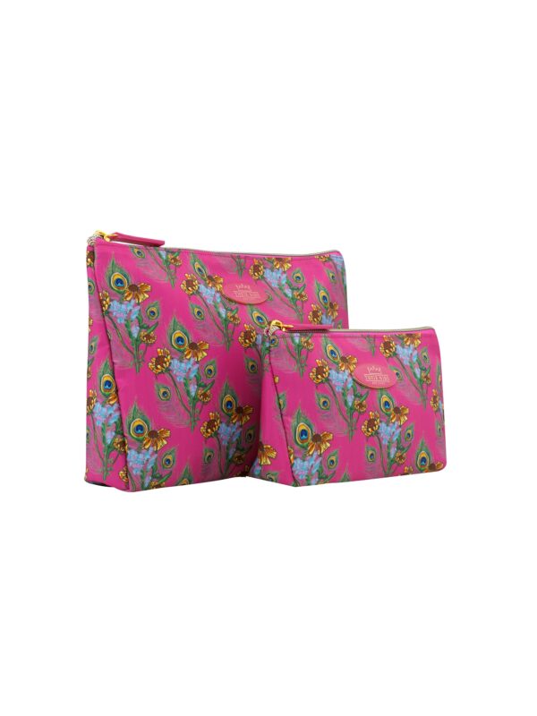 Angled shot of synthetic pink cosmetic bag set, one larger bag and a smaller,Their Nibs badge in centre, bouquet pattern
