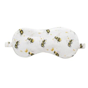 flat shot of cotton eye mask, white base with watercolour bumble bee pattern with crown detailing