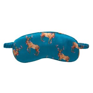 flat shot of satin eye mask, bright blue base with stag pattern and floral detailing in antlers