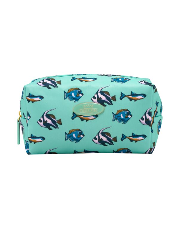 Flat shot of synthetic pale blue cosmetic bag, Their Nibs badge in centre, repeating tropical fish pattern