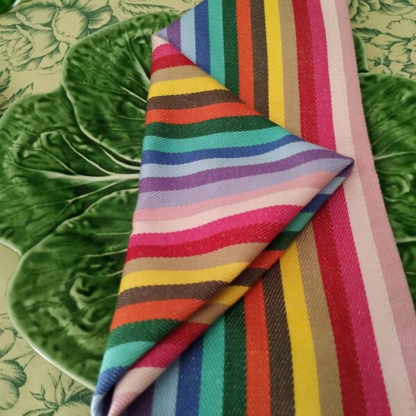 rainbow napkin folded over itself on a green plate
